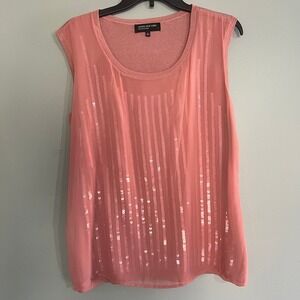 Jones New York Collection Coral Sequin Sheer Layered Tank Top Large tropical